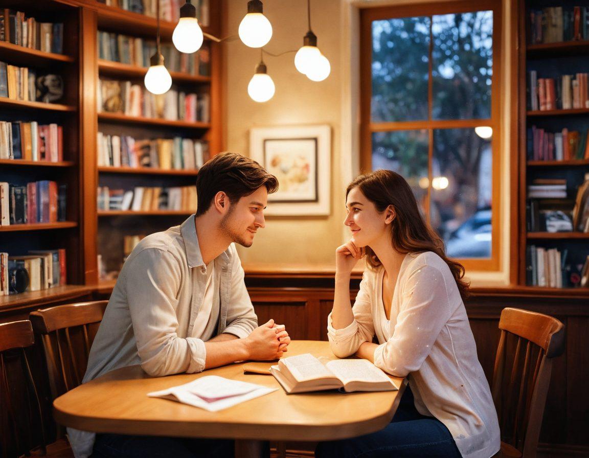 A warm, romantic setting depicting a couple sitting together in a cozy cafe, surrounded by soft lighting and books about love and relationships. They are engaged in deep conversation, with subtle flirtations illustrated through playful touches and eye contact. The atmosphere should evoke a sense of connection and intimacy, with hearts subtly incorporated in the background. soft focus. vibrant colors. watercolor style.
