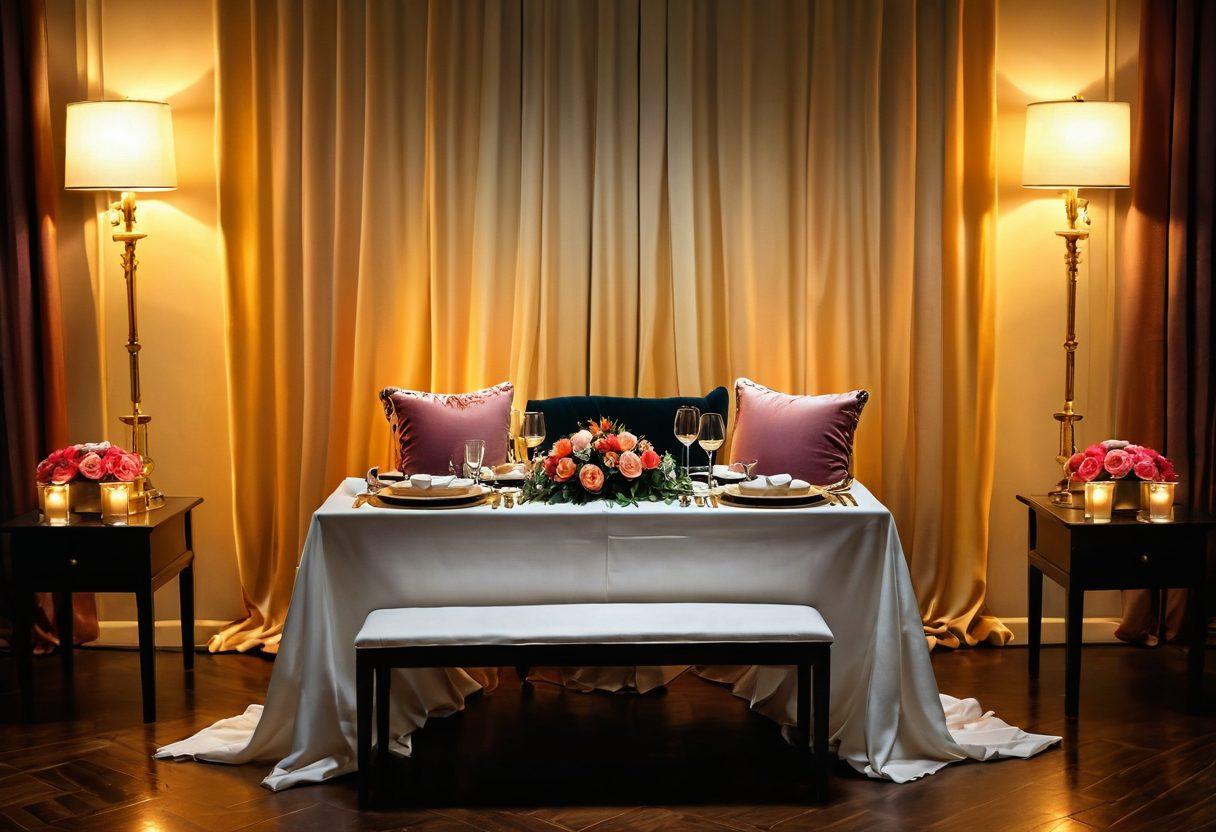 An intimate setting featuring a beautifully set table with soft candlelight, surrounded by plush cushions and mesmerizing drapes. A couple engaged in deep conversation, with subtle glances showing chemistry, adorned with gentle colors that evoke warmth and allure. Delicate flowers exuding fragrance enhance the romantic atmosphere, while soft shadows play a significant role in conveying depth and intimacy. painting. vibrant colors. soft focus.