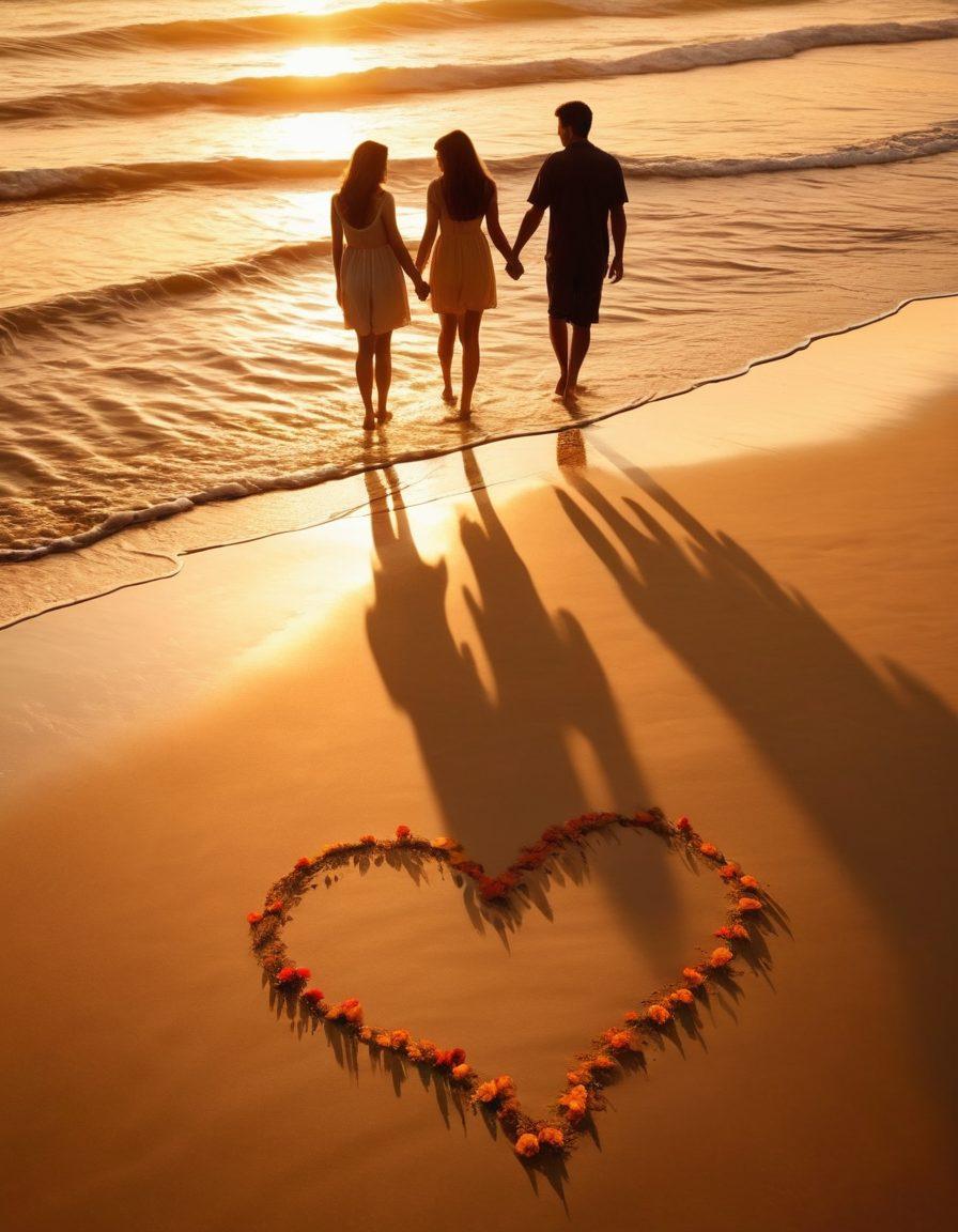 A romantic beach at sunset, with a couple holding hands, their silhouettes casting shadows in the golden light. The waves gently crashing on the shore, reflecting the warm colors of the sunset. Soft, intimate atmosphere with flowers and heart shapes subtly incorporated in the sand. The scene conveys deep emotions and passionate connections. super-realistic. vibrant colors. soft focus.